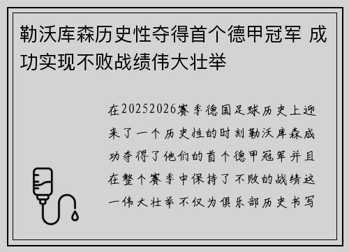 勒沃库森历史性夺得首个德甲冠军 成功实现不败战绩伟大壮举